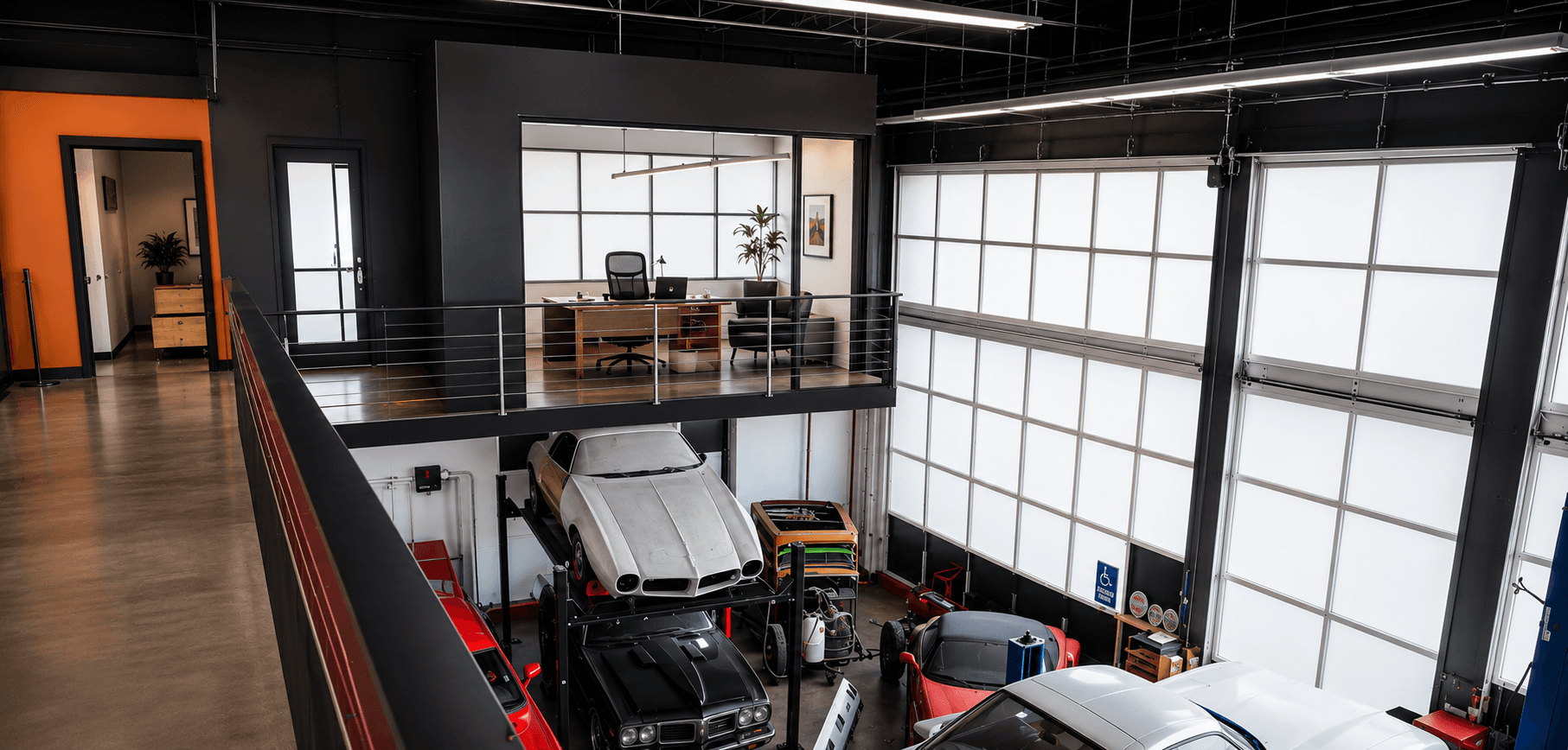 Inside the PMD Garage facility — loft office above, cars below